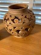 Three Decorative Pottery Planters With Carved Designs