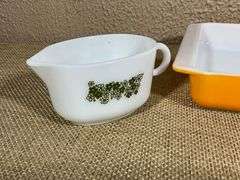 Pyrex Milk Glass Gravy Boat and Orange Baking Dish