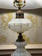Opaline Glass Table Lamp With Brass Accents and White Shade