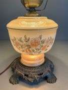 Hand-Painted Electric Hurricane Lamp with Floral Design and Metal Base