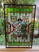 Stained Glass Panel With Floral and Geometric Design