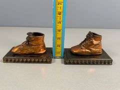 Copper-Finished Baby Shoe Bookends on Decorative Bases