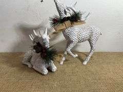 Two White Textured Reindeer Figurines with Holiday Accents