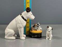 RCA ‘Nipper’ Figurines Including Coin Bank, Miniature Figurine, and Trinket Box