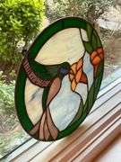 Stained Glass Panel Depicting Hummingbird and Flowers