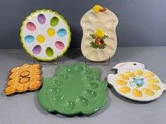 Five Ceramic Deviled Egg Plates with Various Designs