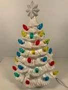 White Glitter Ceramic Christmas Tree With Plastic Multicolored Lights and Star Top