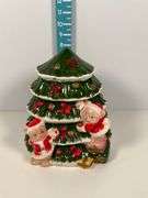 Ceramic Christmas Tree Cookie Jar with Teddy Bears Design