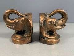 Elephant Head Metal Bookends with a Bronze-Like Finish