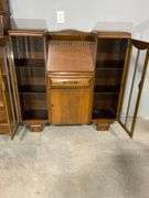 Oak Secretary Desk With Attached Glass Display Cabinets