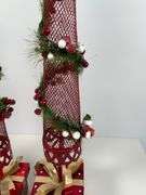 Three Decorative Red Metal Holiday Trees with Presents Base