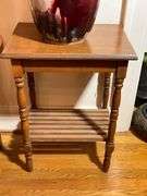 Wooden Side Table with Slatted Lower Shelf and Turned Legs