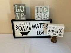 Decorative Wooden Signs Including ‘Soap and Water,’ ‘Home Sweet Home,’ and More