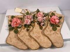 4 Floral Christmas Stockings With Gold Accents