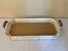 Wooden Tray With Handles Featuring Distressed Paint and Burlap Base