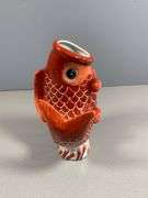 Red Ceramic Fish-Shaped Vase with White Interior and Scaled Detailing