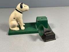 Cast Iron Dog Figurine with Gramophone on Green Base