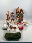 Holiday Decor Lot with Santa Figurines, S&P Shakers, and Textiles