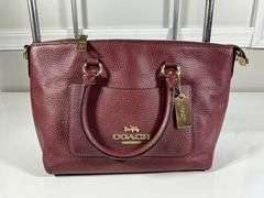 Coach Burgundy Pebbled Leather Zip-Top Tote Bag With Dual Handles and Tag