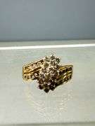 14K Gold Cluster Diamond Ring with Three-Band Design