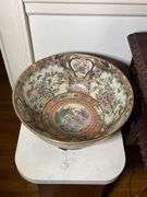 Porcelain Decorative Bowl with Floral and Figurative Motifs on Wooden Base
