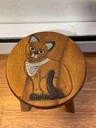 Wooden Stool with Painted Cat Design and Metal Accents