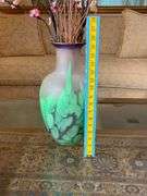 Frosted Glass Vase with Green and Purple Design, 15.5” Tall