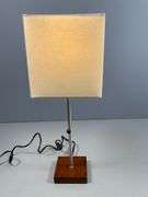 Table Lamp with Wooden Base, Metal Stem, and Square Fabric Shade