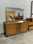 Mid-Century Swedish Walnut Triple Dresser With Mirror and 9 Drawers