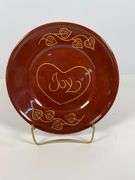 Handcrafted Red Ceramic Plate With ‘Joy’ and Leaf Design
