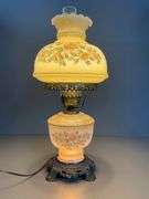 Hand-Painted Electric Hurricane Lamp with Floral Design and Metal Base