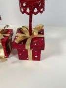 Three Decorative Red Metal Holiday Trees with Presents Base