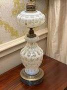 Opaline Glass Table Lamp With Brass Accents and White Shade