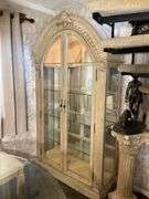 Ornate Wood and Glass Display Cabinet With Arch Top and Interior Lighting