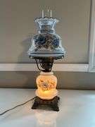Vintage Electric Hurricane Lamp with Hand-Painted Floral Design and Glass Chimney