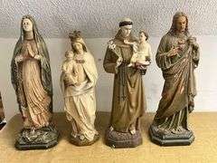Four Religious Figurines Featuring Virgin Mary, Jesus, and Saints
