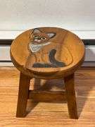 Wooden Stool with Painted Cat Design and Metal Accents
