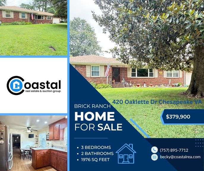 For Sale! 420 Oaklette Drive Chesapeake | 3 BEDROOM | 2 BATH | BRICK RANCH