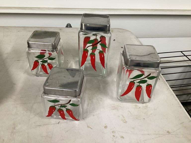 SET OF 4 GLASS CHILI PEPPER CANISTERS