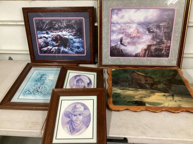 VARIOUS FRAMED WALL ART AND WOODEN ART WALL CLOCK