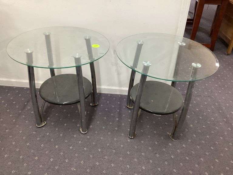PAIR OF ROUND GLASS-TOP SIDE TABLES