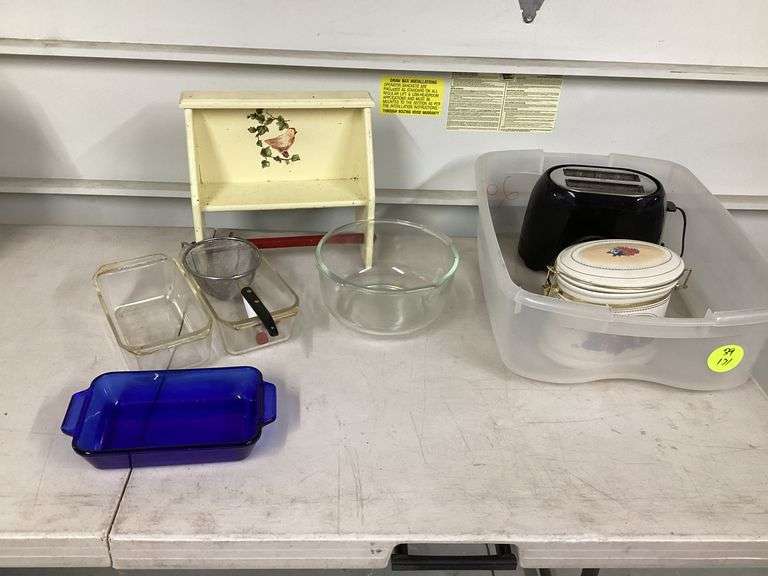 GLASS PYREX BAKEWARE, BAGEL TOASTER AND CANISTER