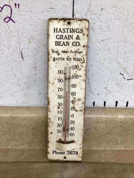 VINTAGE THERMOMETER AND OLD GRAIN BAG