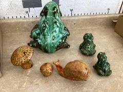 CERAMIC FROGS, SNAIL AND MUSHROOM FIGURINES
