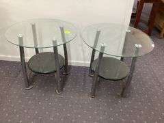 PAIR OF ROUND GLASS-TOP SIDE TABLES