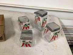 SET OF 4 GLASS CHILI PEPPER CANISTERS