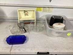 GLASS PYREX BAKEWARE, BAGEL TOASTER AND CANISTER