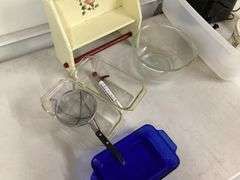 GLASS PYREX BAKEWARE, BAGEL TOASTER AND CANISTER