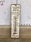 VINTAGE THERMOMETER AND OLD GRAIN BAG