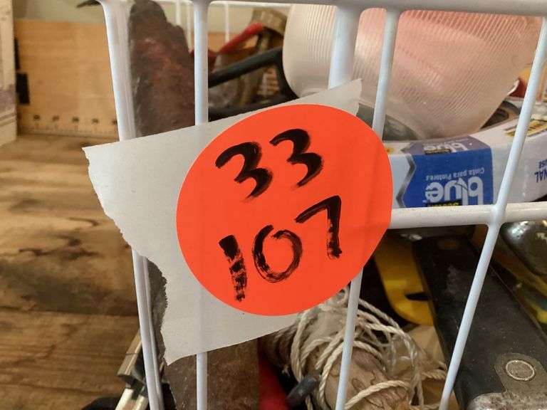 WIRE BASKET OF MISC GARAGE ITEMS & TOOLS